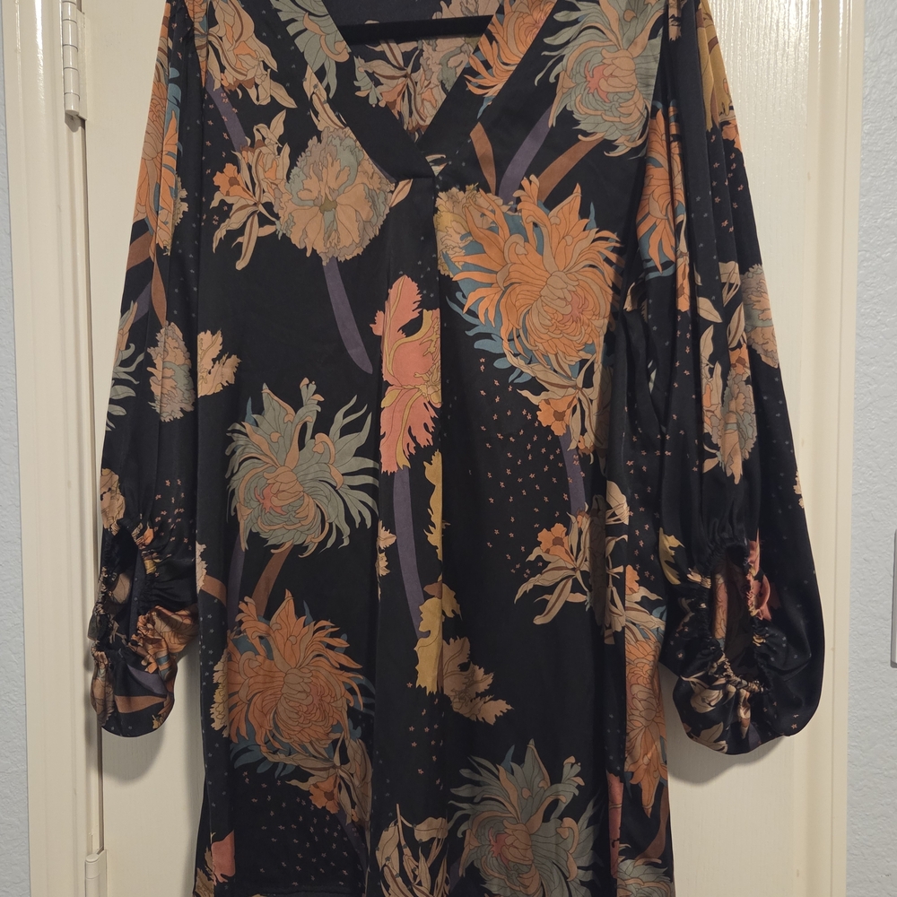 JODIFL Black Floral Mini Dress with Orange and Sage Accents